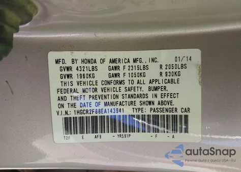 2014 Honda Accord Ex-L from USA, damaged, VIN 1HGCR2F88EA143941